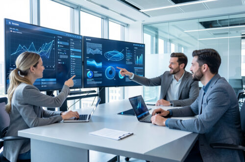 Équipe commerciale composée de deux femmes et deux hommes collaborant dans un bureau moderne et lumineux, entourée d’écrans affichant des visualisations abstraites.