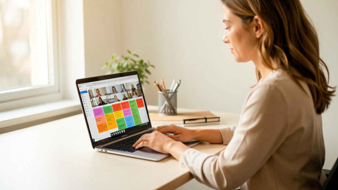 Une femme freelance travaille à domicile sur un ordinateur portable posé sur un bureau lumineux, avec une visioconférence et un tableur visibles à l’écran dans une ambiance professionnelle.