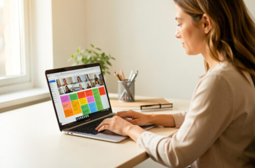 Une femme freelance travaille à domicile sur un ordinateur portable posé sur un bureau lumineux, avec une visioconférence et un tableur visibles à l’écran dans une ambiance professionnelle.